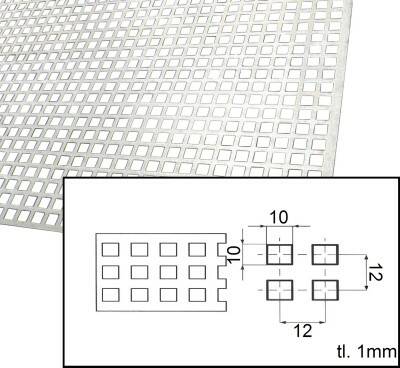 Plech děrovaný 1 mm čtvercový otvor 10 mm řadová rozteč 12 mm (1x2m)