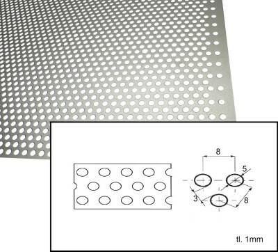 Plech děrovaný 1 mm kruhový otvor 5 mm předsazená rozteč 8 mm (1x2m)